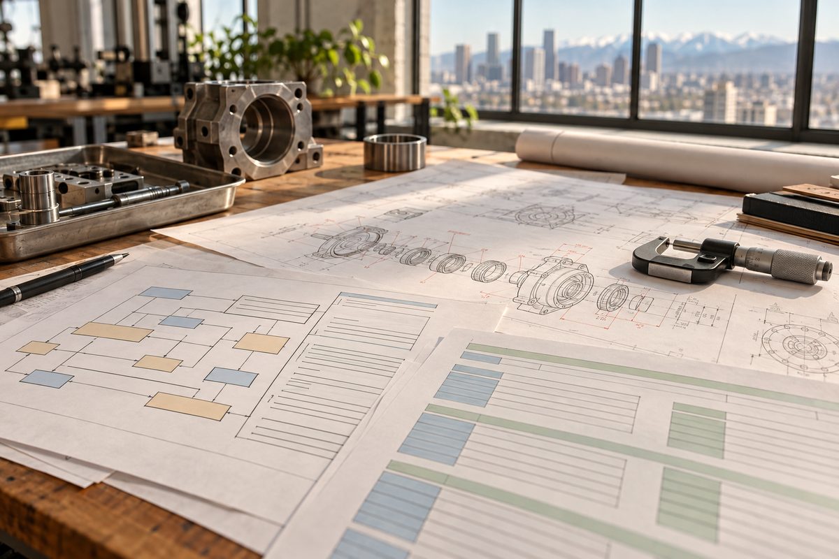 Structured requirement breakdown sheets and mechanical tolerance callouts on an engineering review desk